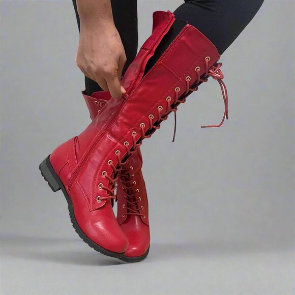 New Red Lace-Up Below Knee High Combat Moto Boot Low Block Heel Faux Leather Zip - Picture 3 of 4